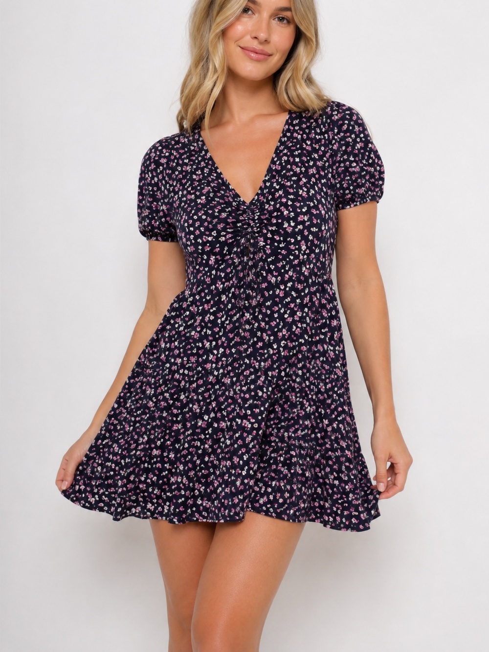 Arula Plus Size 1X Black & Purple Floral Print Ruffled Mini Dress Bishop Sleeve